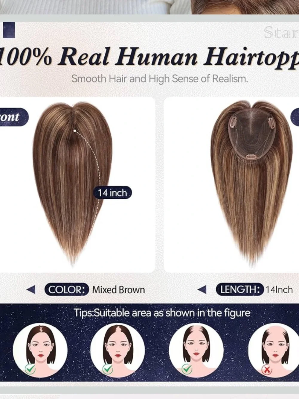 Real Human Hair Topper Model HTLP9019-1BR12 Light Brown T4/6/10 NEW